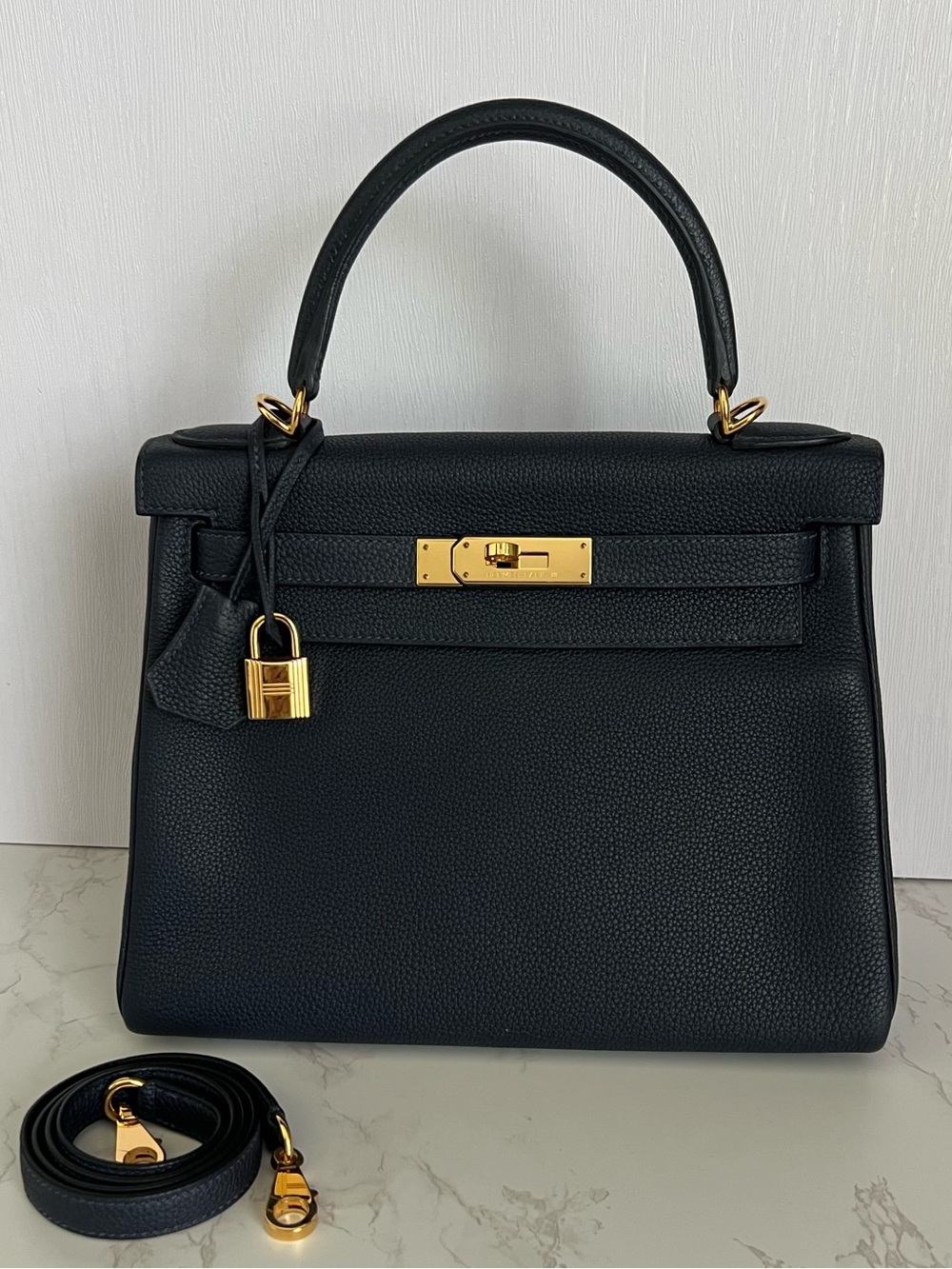 Hermes Kelly Retourne 28 in Bleu Nuit Togo Leather with Gold Hardware